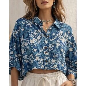 Pilcro Abstract Floral Blouse Boxy Crop Anthropologie Indie Boho Resort Wear XL